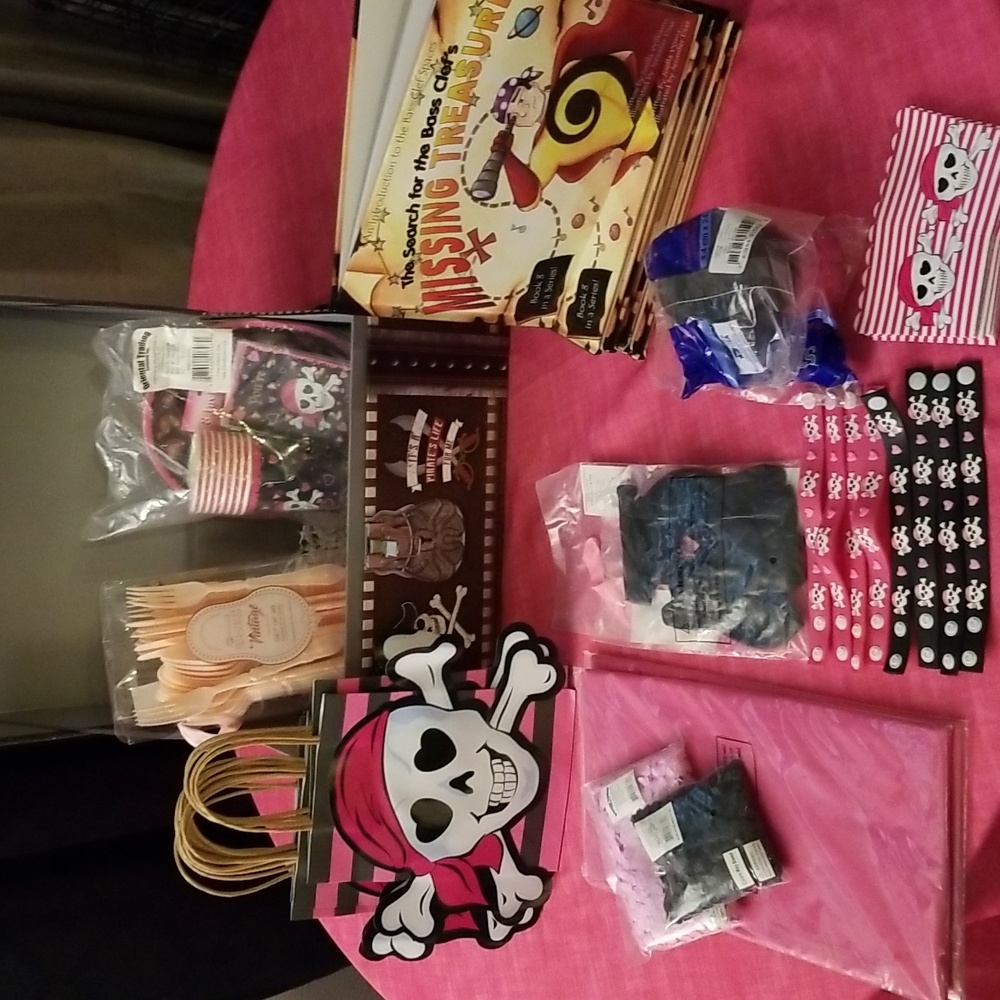 Birthday Party pirates chest with party supplies traditionally for girl party